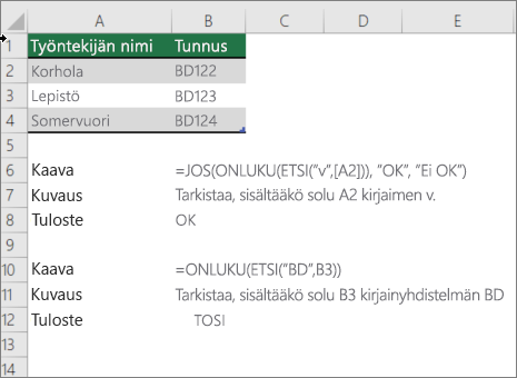 Esimerkki, jossa KÄYTETÄÄN JOS-, ONLUKU- ja ETSI-funktioita sen tarkistamiseen, vastaako solun osa tiettyä tekstiä