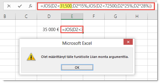 Excel-viesti, kun lisäät arvoon pilkkuja.