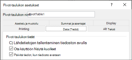 Pivot-taulukon asetukset pivot-välimuistin tallentamisen estämistä varten