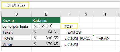 Solu F2, jossa on =ISTEXT(E2) ja tuloksena TOSI