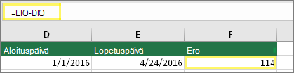 Solu D10, jossa on 1.1.2016, Solu E10 ja 24.4.2016, solu F10 ja kaava: =E10-D10 ja tuloksena 114