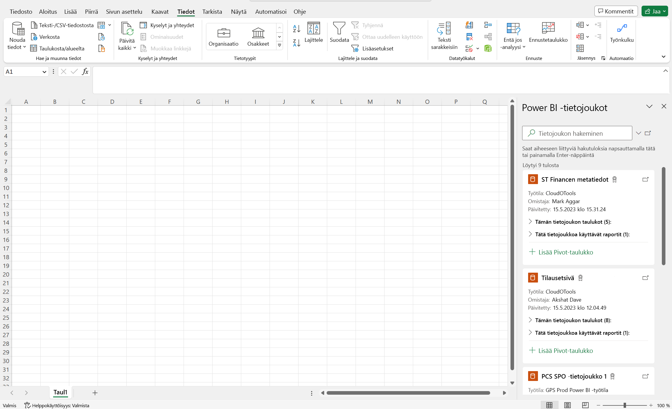 Excel Power BI -tietojoukot