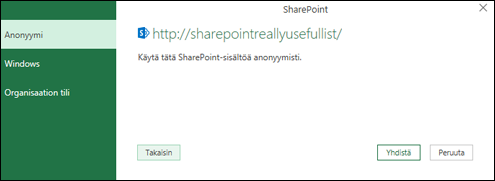 Excelin Power Query muodostaa yhteyden Sharepoint-luettelon Yhdistä-valintaikkunaan
