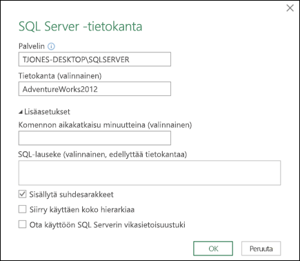 Power Queryn SQL Server -tietokannan yhteysvalintaikkuna