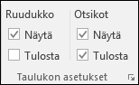 Sivun asettelu > -taulukon asetukset > Otsikoiden tulostaminen