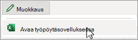 Näyttökuva Excel-työpöytäsovelluksen avaamisesta