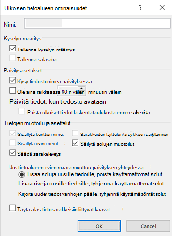 Esimerkki Ulkoisen tietoalueen ominaisuudet -valintaikkunasta