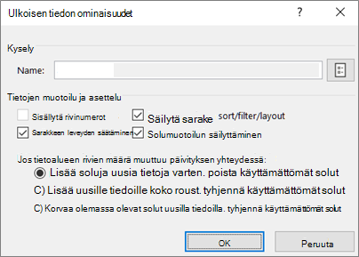 Esimerkki Ulkoisen alueen ominaisuudet -valintaikkunasta