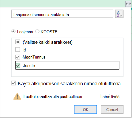 jäsennetyn taulukon laajentaminen kyselytaulukkoon