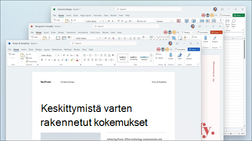 Näytetään Word, Excel ja PowerPoint, joissa on valintanauhan visuaalisia päivityksiä ja pyöristetyt, Windows 11 -käyttöliittymää vastaavat kulmat.