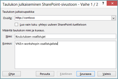 SharePointin ohjatun viemisen valintaikkuna