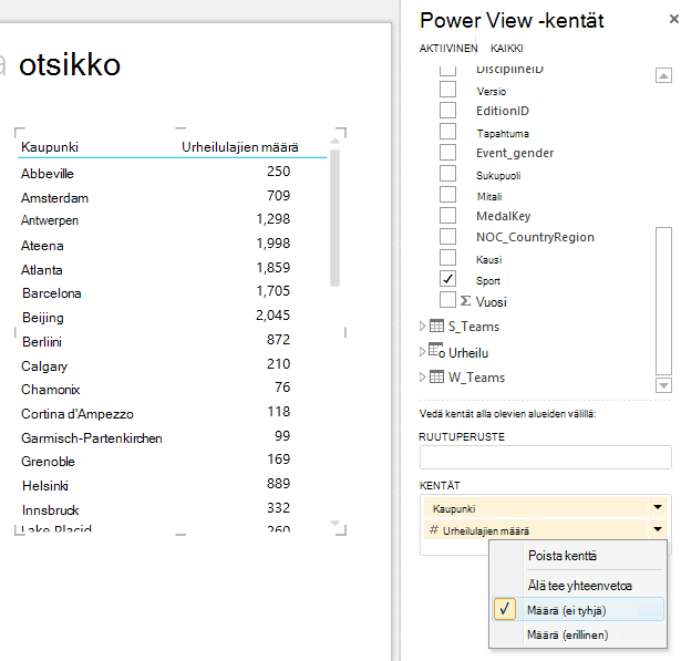 Urheilulajien laskeminen luettelemisen sijaan