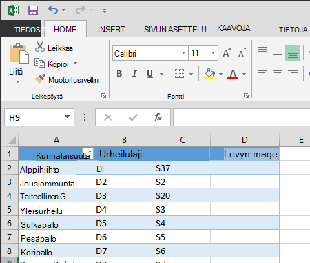 taulukon laajentaminen Excelissä