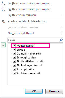 Lajittele ja suodata -valikoiman Valitse kaikki -valintaruutu