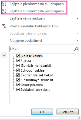 Lajittele ja suodata -valikoiman lajittelukomennot