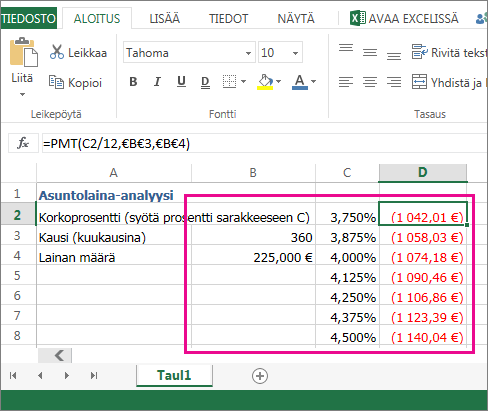 Solualue B2:D8 on arvotaulukko