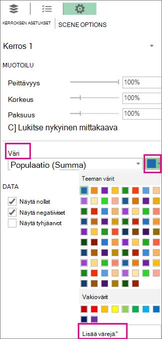 Avattava värivalikoima asetusten Tasoasetukset-välilehdessä