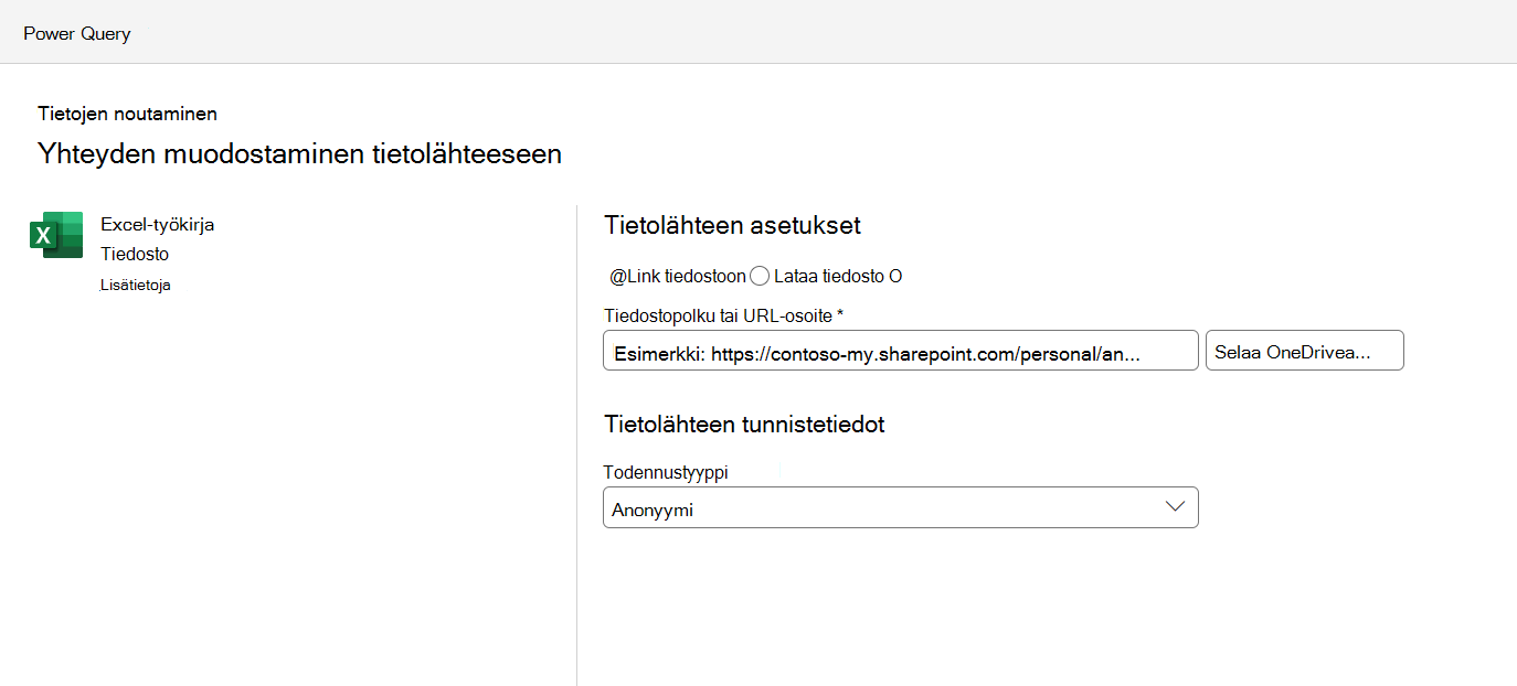 Tietolähteen yhteyden asetusvalikko,