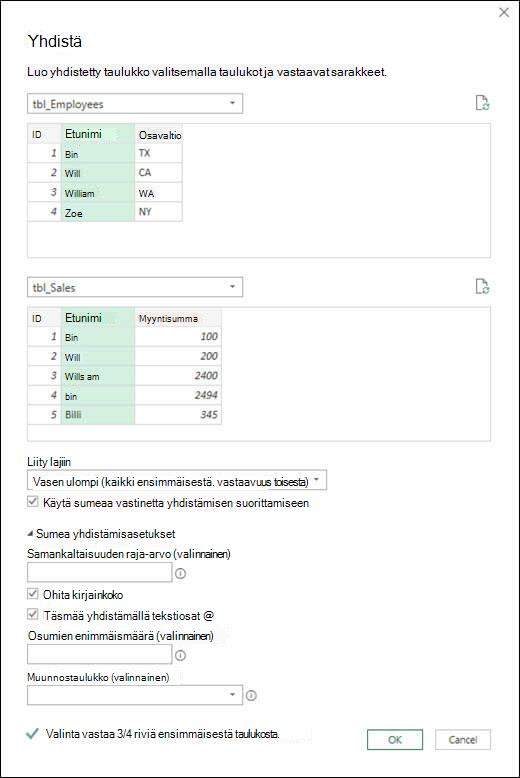 Power Query epäselvät yhdistämisasetukset