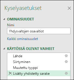 Power Queryn yhdistä sarake esimerkistä – kuvattujen vaiheiden ikkuna