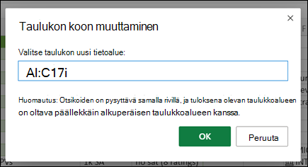 Muuta taulukon kokoa -valintaikkuna