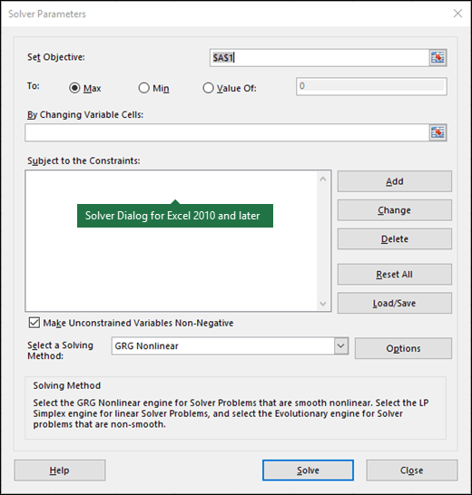 Excel 2010+:n Ratkaisin-valintaikkunan kuva