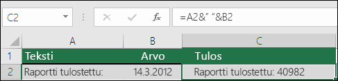Esimerkki tekstin liittämisestä ilman TEKSTI-funktiota