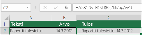 Esimerkki tekstin liimisestä TEKSTI-funktioon