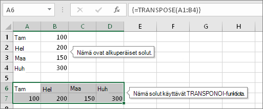 Alkuperäiset solut yläpuolella, TRANSPONOI-funktion palauttamat solut alapuolella