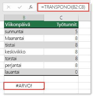 #ARVO!-virhe TRANSPONOI-funktiossa
