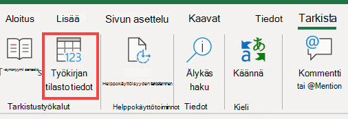 Työkirjan tilastot -komento Excelin valintanauhassa
