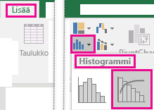 Näyttökuva Lisää-välilehdestä käytettävästä lajitellusta histogrammista.