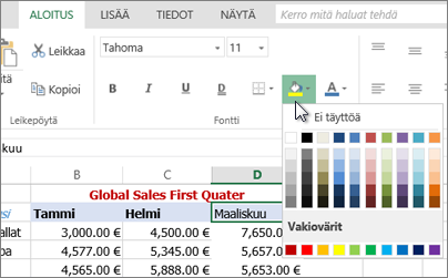 valintanauhan Täyttöväri-painike ja värivaihtoehdot