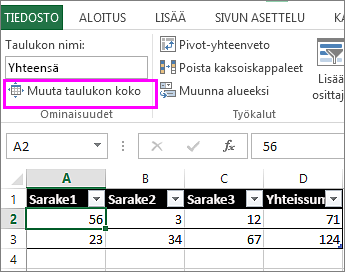 käyttämällä taulukkotyökalujen Muuta taulukon kokoa -asetusta