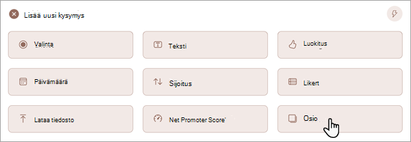 Näyttökuva, jossa näkyy, miten voit lisätä uuden osan lomakkeeseen tai kokeeseen.