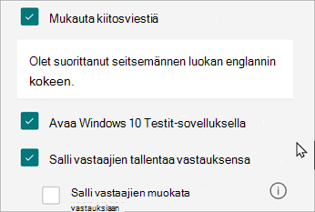 Kokeen asetukset paljastavat kyselyn vastausvaihtoehdon: Avaa Windows 10 Suorita testi