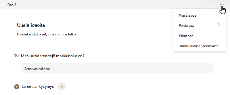 Näyttökuva, jossa näytetään, miten voit järjestää lomakkeen tai kokeen osia Microsoft Forms.