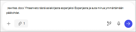 Näyttää liitteen Copilot-kehote-ruudussa ja sen jälkeen ohjeet tämän espanjankielisen asiakirjan tiivistämiseen Espanjasta ja pääkohtien ymmärtämiseen.
