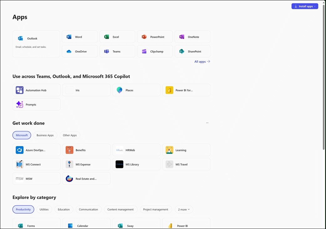 Microsoft 365 Copilot-sovelluksen Sovellukset-moduuli.