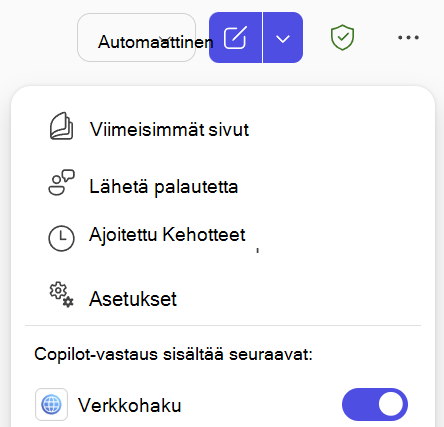 Näyttökuva verkkohaun vaihtopainikkeesta Copilot Chat