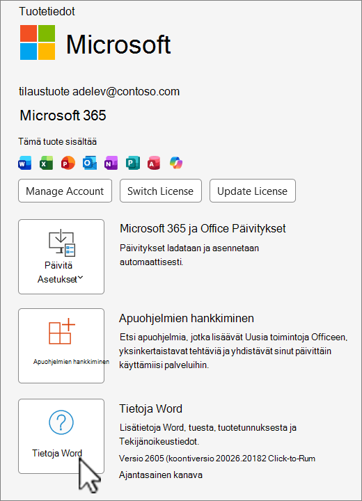 Näyttökuva, jossa näkyy Office 365 versionäkymä.