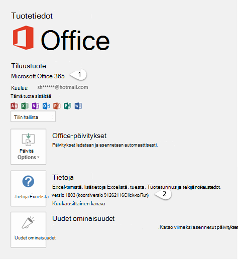 Tilisivu, joka sisältää käyttäjä- ja tuotetietoja