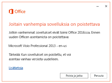 Virhesanoma, jossa kehotetaan poistamaan vanhat sovellukset
