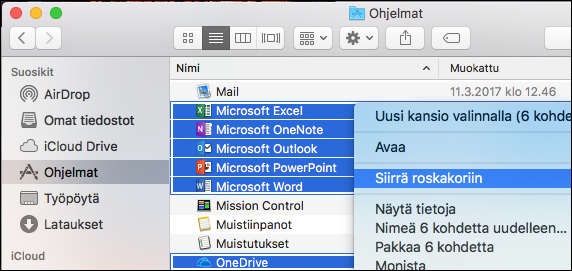 Siirrä Office-sovellukset roskakoriin