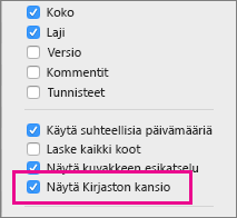 Näytä kirjastotiedostojen asetukset etsintätoiminnon asetuksissa