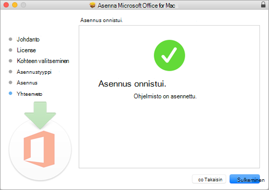 Näyttää asennusprosessin viimeisen sivun, joka kertoo asennuksen onnistuneen.