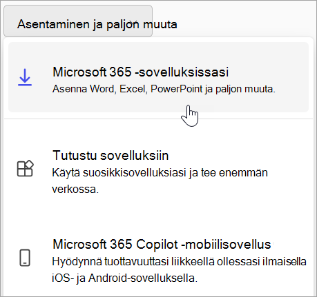 Näyttökuva Office.comista, jos kirjaudutaan sisään työpaikan tai oppilaitoksen tilillä