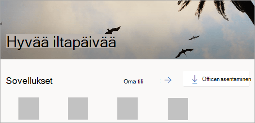 Näyttökuva Office.comin aloitussivusta kirjautumisen jälkeen
