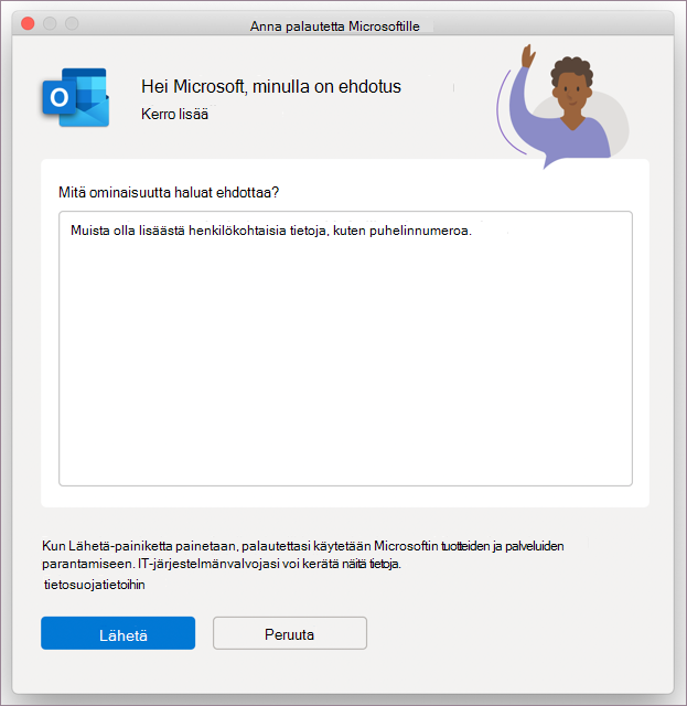 Outlookin Palaute-valintaikkuna MacOS:ssä
