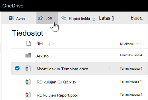 OneDrive, jossa tiedosto on valittuna ja Jaa-painiketta painetaan